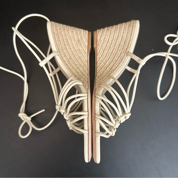 PAIGE Espadrille Sandals Size 8 Beige Leather Slip On Ankle Tie Wedge Heels - Picture 7 of 10